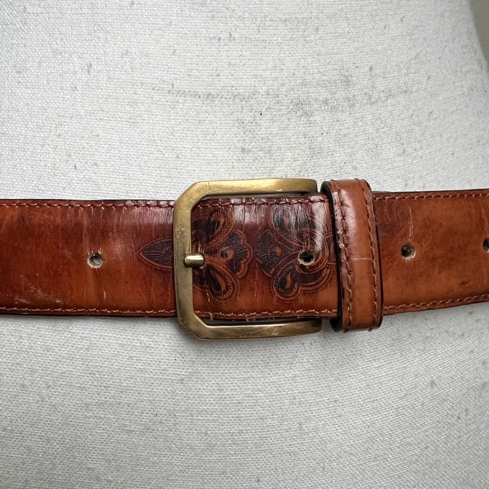 Vintage Ermenegildo Zegna Tooled Leather Belt Brown Womens Gold Buckle Cognac